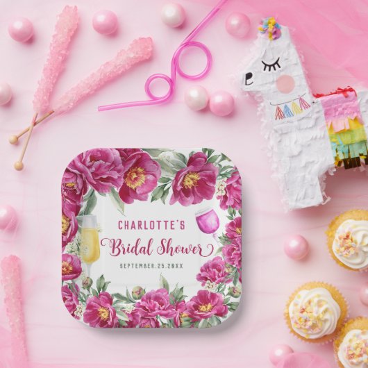 Elegantes Brautparty mit Wasserfarben, heißrosa Bl Pappteller (Party)