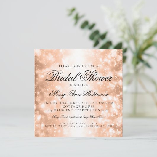 Elegantes Brautparty Rose Goldschimmer Leuchten Einladung (Stehend Vorderseite)