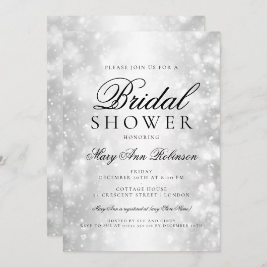 Elegantes Brautparty Silberschimmer-Lichter Einladung (Vorne/Hinten)
