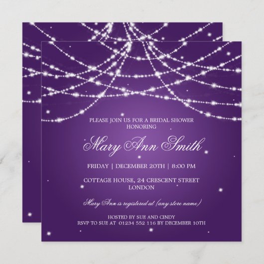 Elegantes Brautparty Sparkling String Lila Einladung (Vorne/Hinten)