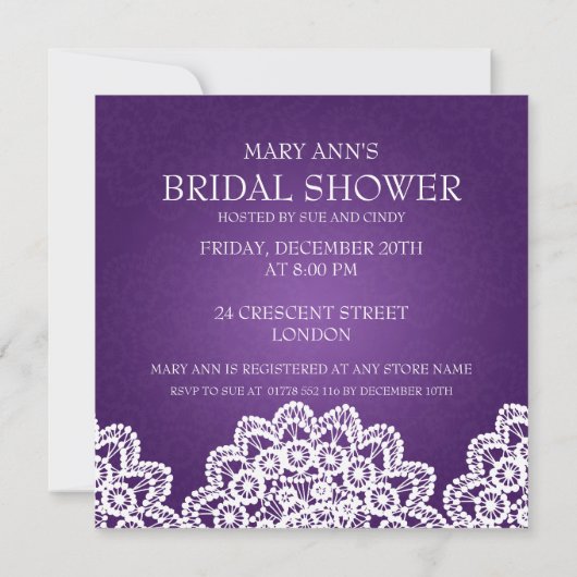 Elegantes Brautparty Vintag Lace Lila Einladung (Rückseite)