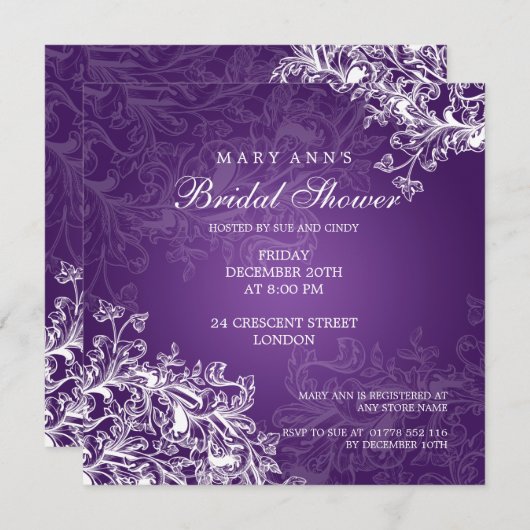Elegantes Brautparty Vintagen Wirbel Lila Einladung (Vorne/Hinten)