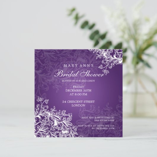 Elegantes Brautparty Vintagen Wirbel Lila Einladung (Stehend Vorderseite)