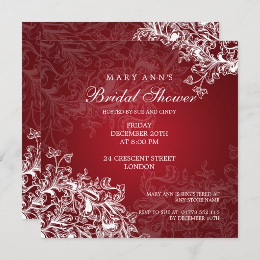 Elegantes Brautparty Vintagen Wirbel Rot Einladung (Vorne/Hinten)