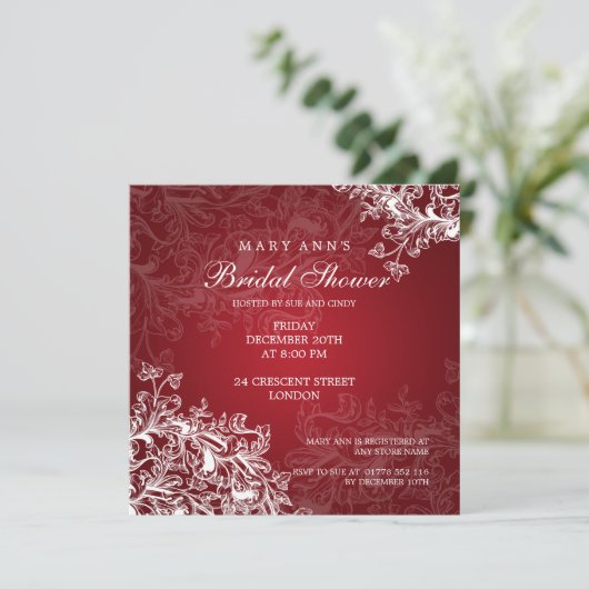 Elegantes Brautparty Vintagen Wirbel Rot Einladung (Stehend Vorderseite)