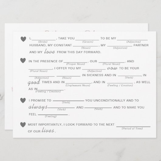 Elegantes Brautparty Vows Improvisation Game (Vorne/Hinten)