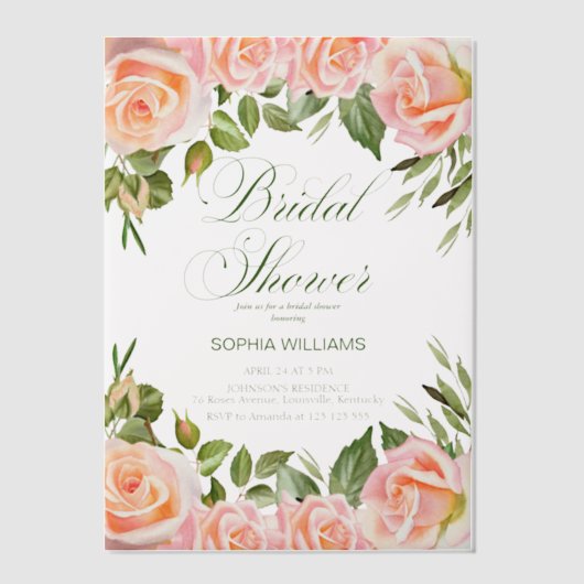 Elegantes Brautparty Wasserfarbenfrohe Rose Pergament Einladungen (Vorderseite)