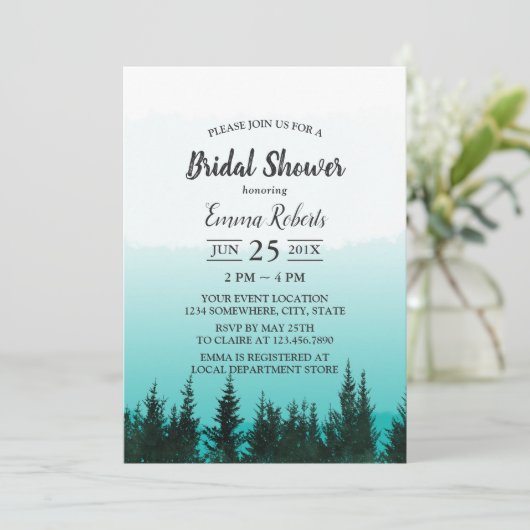 Elegantes Brautparty Wasserfarbenwald Pine Trees Einladung (Stehend Vorderseite)