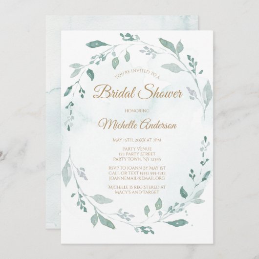 Elegantes Brautparty Watercolor Grüne Einladung (Vorne/Hinten)
