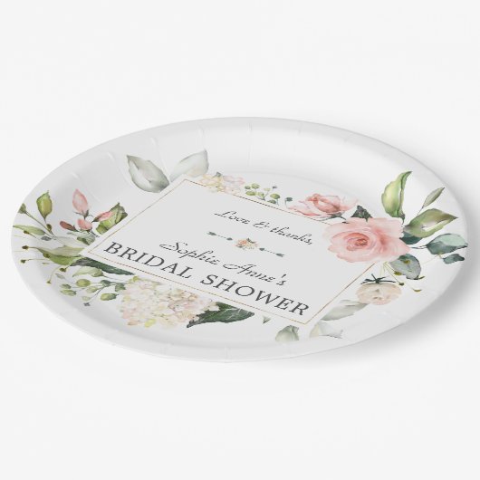 Elegantes Brautparty Watercolor Rosa Rosa Blush Pappteller (Schrägansicht)