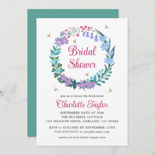 Elegantes Brautparty Wildblumen Garland Einladung (Vorne/Hinten)