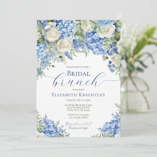 Elegantes Bridal Brunch Blue Hydrangea Brautparty Einladung (Stehend Vorderseite)