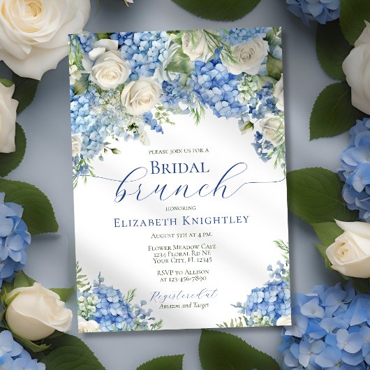 Elegantes Bridal Brunch Blue Hydrangea Brautparty Einladung