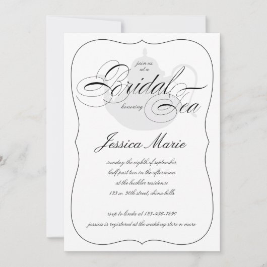 Elegantes Bridal Tee Party in Schwarz & Weiß Einladung (Vorderseite)