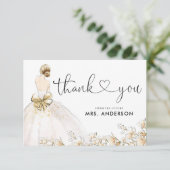 Elegantes Bride Gown Dress Gold Floral Brautparty Dankeskarte (Stehend Vorderseite)