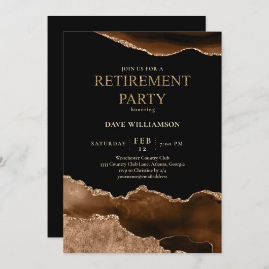 Elegantes Brown Agate Gemstone Retirement Party Einladung (Vorne/Hinten)