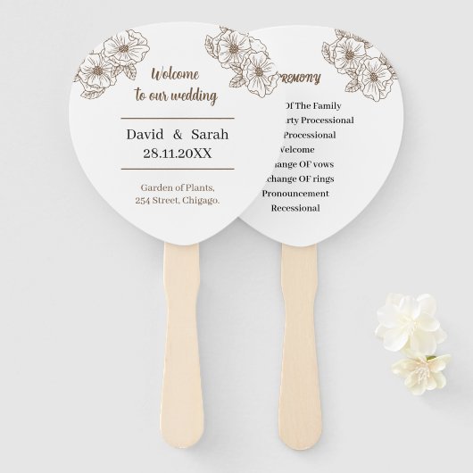 Elegantes Brown Blume Personalisiert Hochzeitsprog Fächer (Vorne und Hinten)