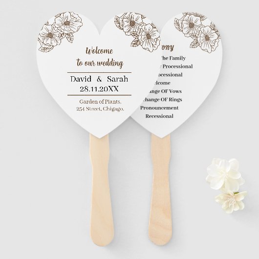 Elegantes Brown Blume Personalisiert Hochzeitsprog Fächer (Vorne und Hinten)