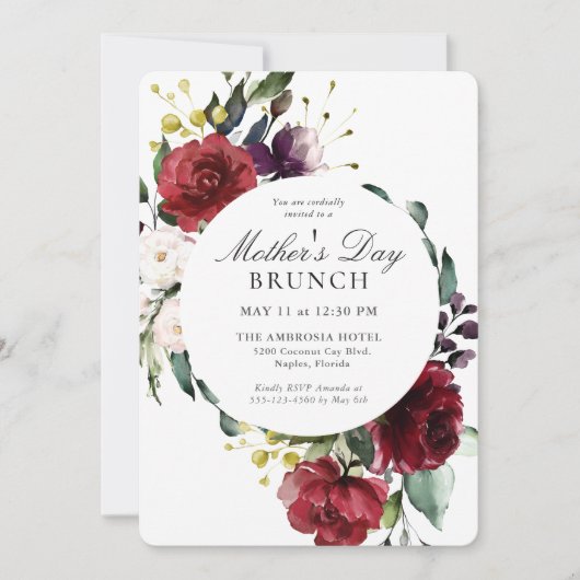 Elegantes Brunch der Lila und roten Mütter Einladung (Vorderseite)