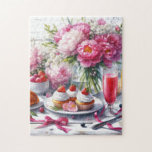 Elegantes Brunch mit Gebäck und Päonien Puzzle