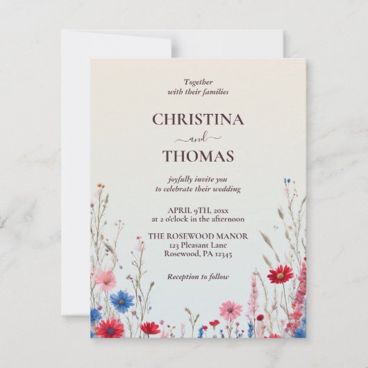 Elegantes Budget Boho Wasserfarbe Wildblumen Hochz Einladung (Vorderseite)