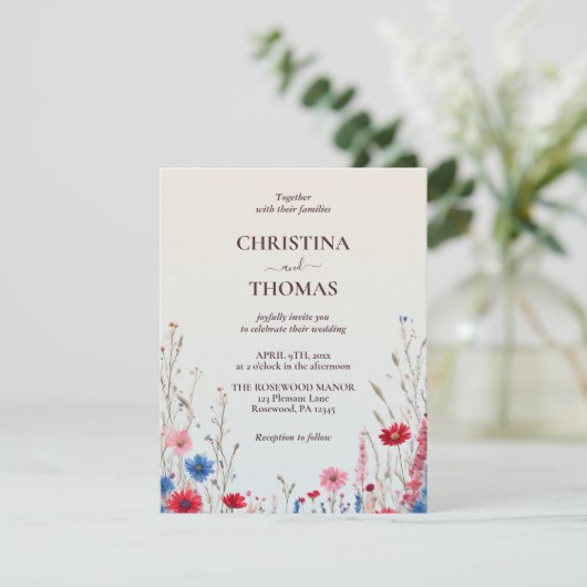 Elegantes Budget Boho Wasserfarbe Wildblumen Hochz Einladung (Stehend Vorderseite)