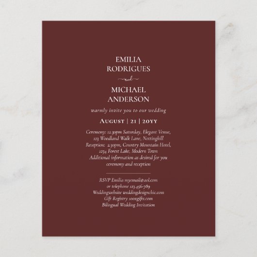 Elegantes BUDGET Burgund Monochrome Hochzeit Einfa Flyer (Vorne)