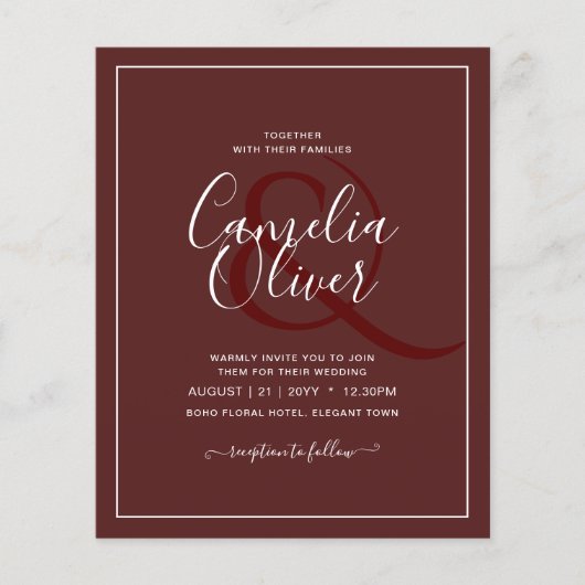 Elegantes BUDGET Burgund Monochrome Hochzeit Einfa Flyer (Vorne)