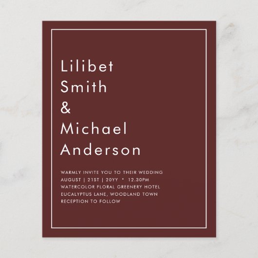 Elegantes BUDGET Burgund Monochrome Hochzeit Einfa Flyer (Vorne)