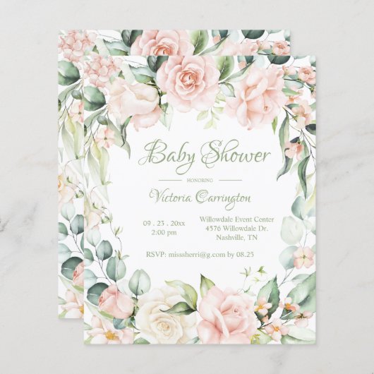 Elegantes Budget Floral Watercolor Baby Einladung (Vorne/Hinten)