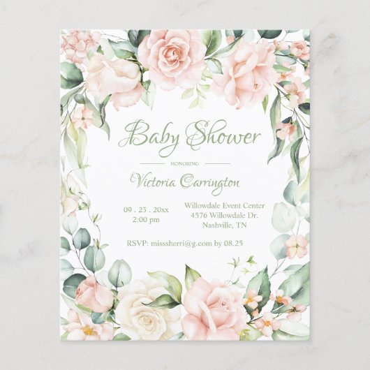 Elegantes Budget Floral Watercolor Baby Einladung (Vorderseite)