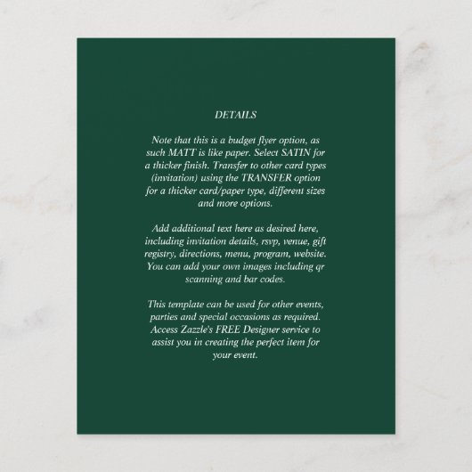 Elegantes BUDGET Foto Overlay Emerald Green Weddin Flyer (Hinten)