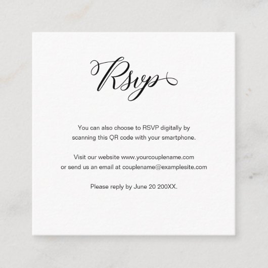Elegantes Budget Script QR Code Wedding RSVP Card Begleitkarte (Vorderseite)