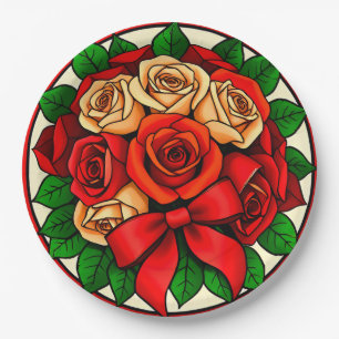 Elegantes Bukett aus roten und weißen Rosen Pappteller
