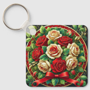 Elegantes Bukett aus roten und weißen Rosen Schlüsselanhänger