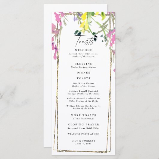 Elegantes buntes Hochzeitsprogramm für Wildblumen Menükarte (Vorne/Hinten)