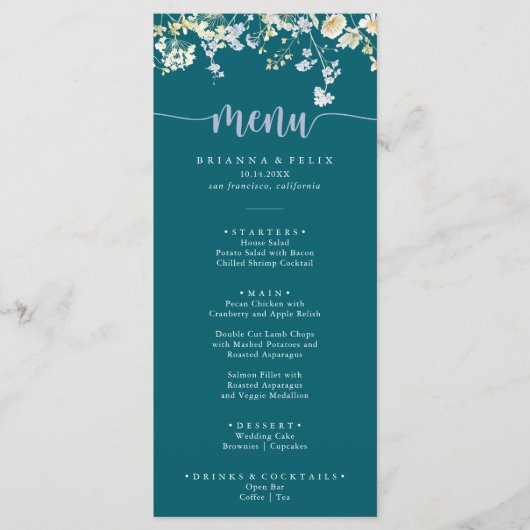 Elegantes buntes Wildblume Dinner Menu Menükarte (Vorderseite)