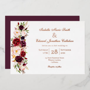 Elegantes Burgund & Blush Blumen-Roségold Folieneinladung