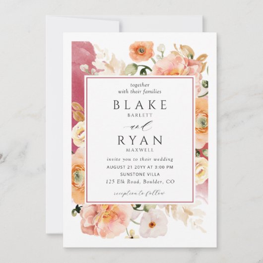 Elegantes Burgund, Blush, Peach Botanische Hochzei Einladung (Vorderseite)