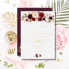 Elegantes Burgund & Blush Rose Bouquet Gold Folieneinladung