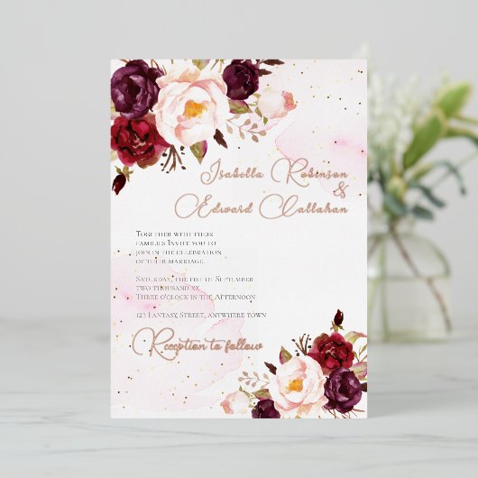 Elegantes Burgund & Blush Rose Hochzeitsfoil Invit Folieneinladung (Stehend vorne)