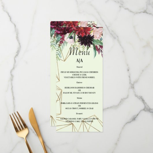 Elegantes Burgund Blush WEDDING MENU. Menükarte (Vorderseite/Rückseite Beispiel)