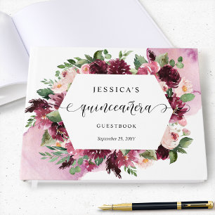 Elegantes Burgund, Blüte, rosa, florales Quinceñer Gästebuch