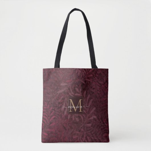 Elegantes Burgund Botanischer Garten Mit Monogramm Tasche (Vorderseite)