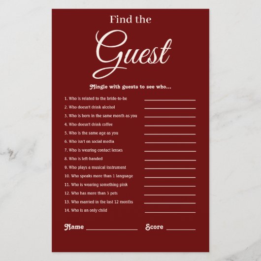 Elegantes Burgund Brautparty Game (Rückseite)