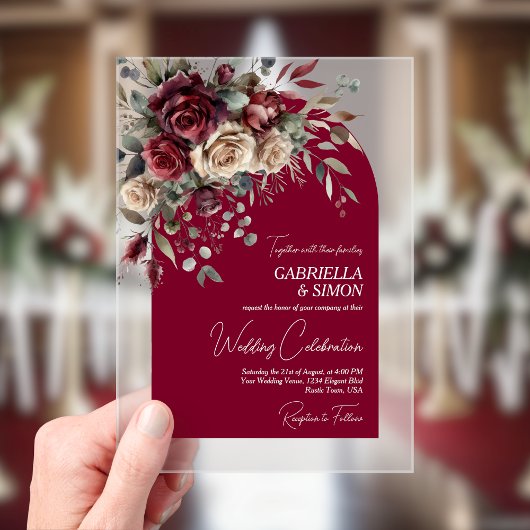Elegantes Burgund & Cream Rose Arch Wedding Acryleinladungen