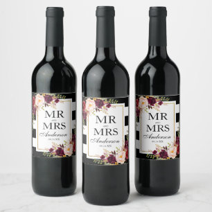 Elegantes Burgund Florales Schwarz Weiß Gestreift Weinetikett