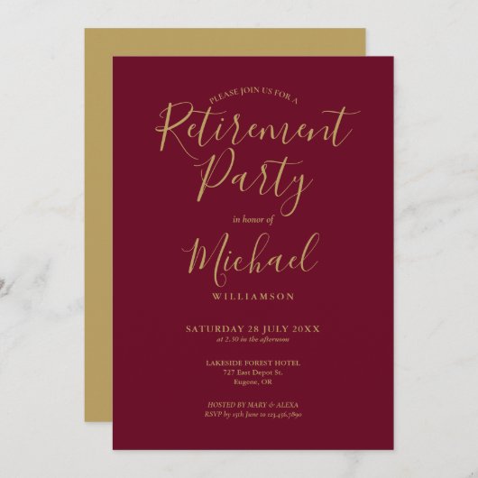Elegantes Burgund-Gold-Script-Party Einladung (Vorne/Hinten)