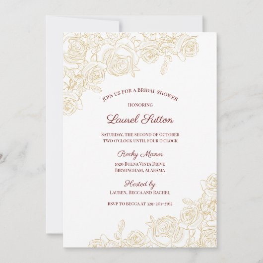 Elegantes Burgund & Golden Rose Brautparty Einladung (Vorderseite)