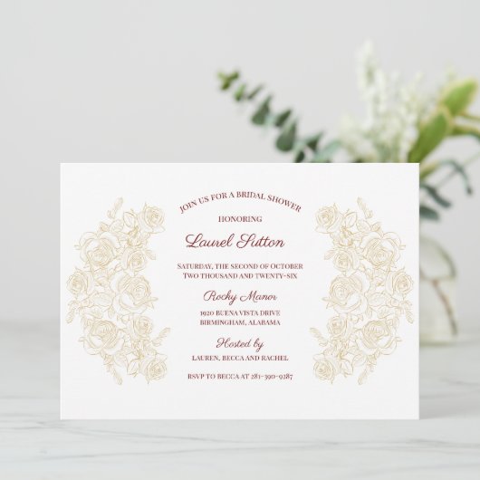 Elegantes Burgund & Golden Rose Brautparty Einladung (Stehend Vorderseite)